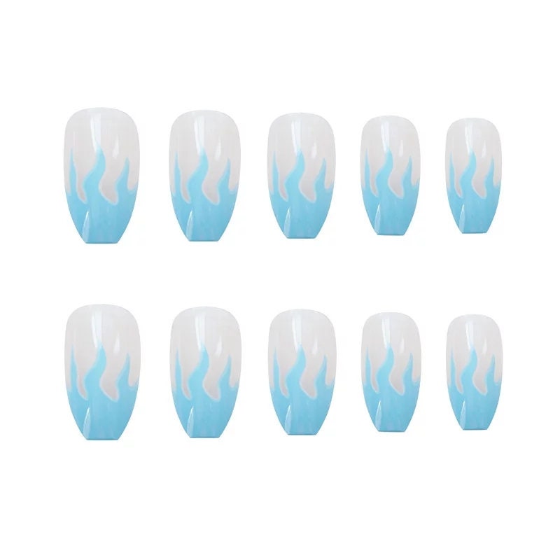 Blue Flame Press on nails glue on Coffin ombre clear nude medium long trendy
