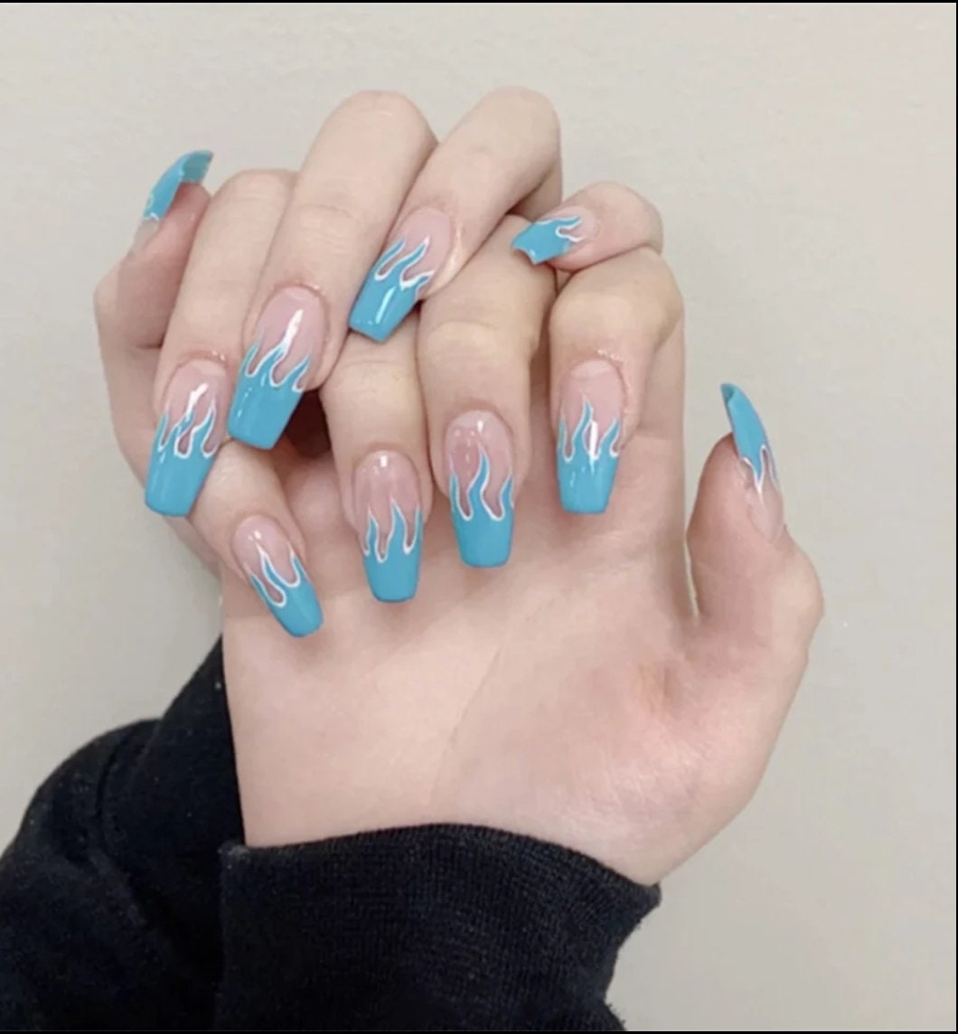 Blue Flame Press on nails glue on Coffin ombre clear nude medium long trendy