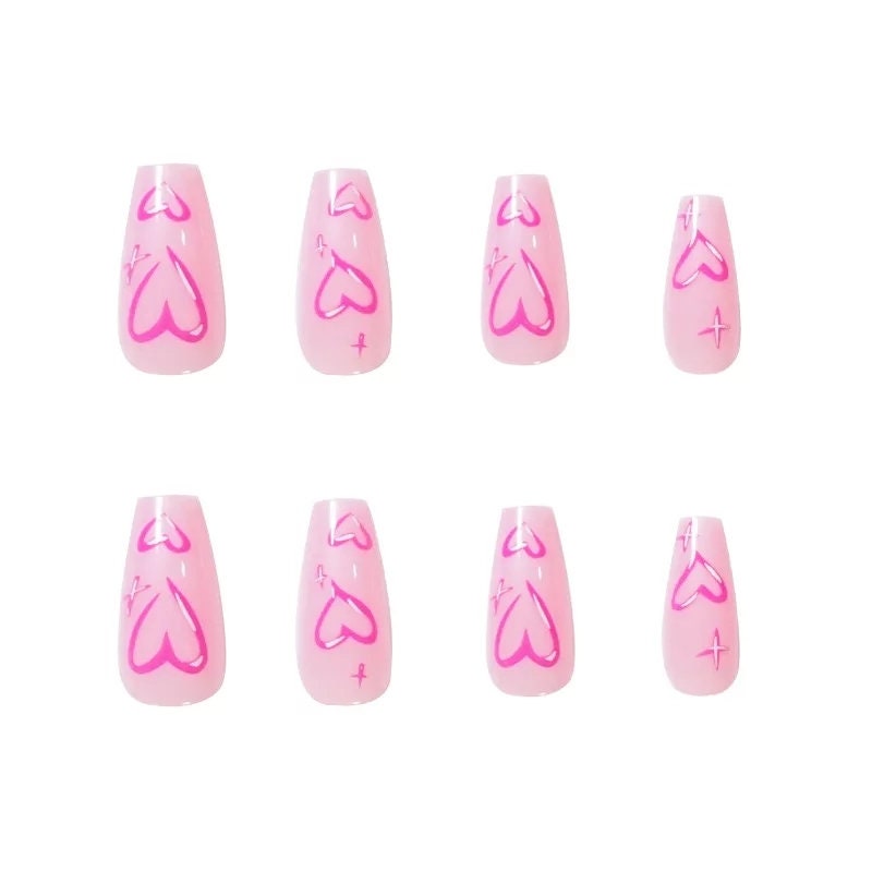24 Pink Valentines Press On Nails Heart Long Coffin glue on pink cute kawaii bright