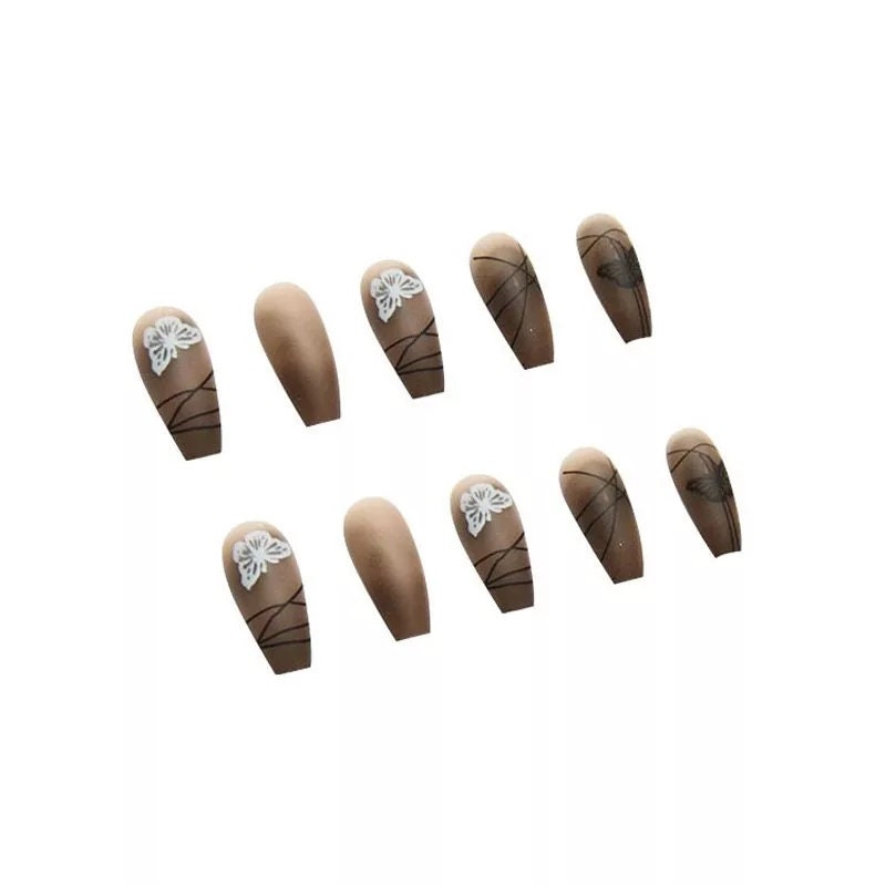 24 frosted Clear Brown black Press on nails kit glue on drawing edgy goth coffin long butterfly chocolate matte glass