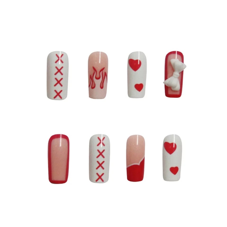 24 Valentines Long Press On Nails Heart Bow Pink White Flame Coffin square glue on cute kawaii red rim