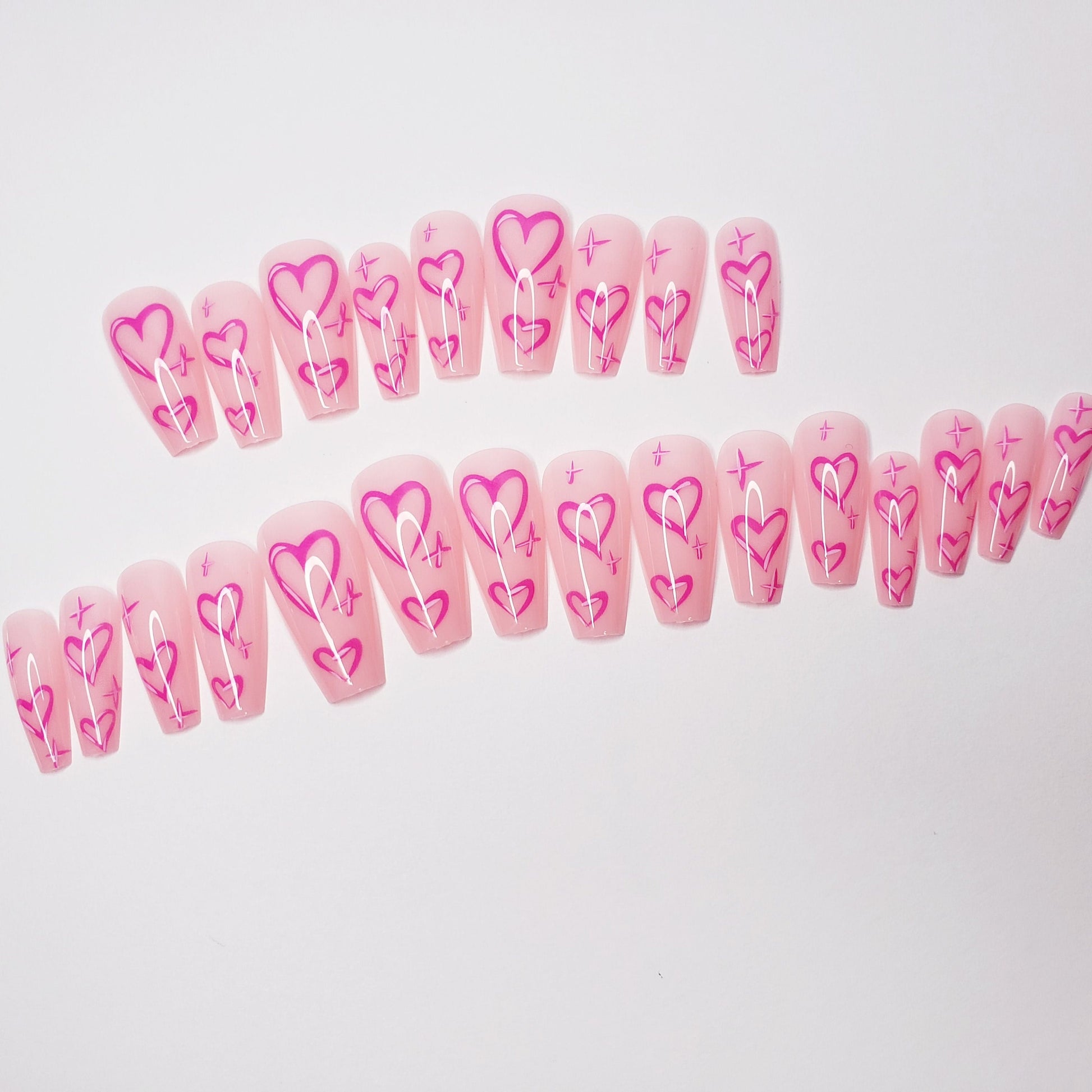 24 Pink Valentines Long Press On Nails Heart Coffin glue on pink cute kawaii bright