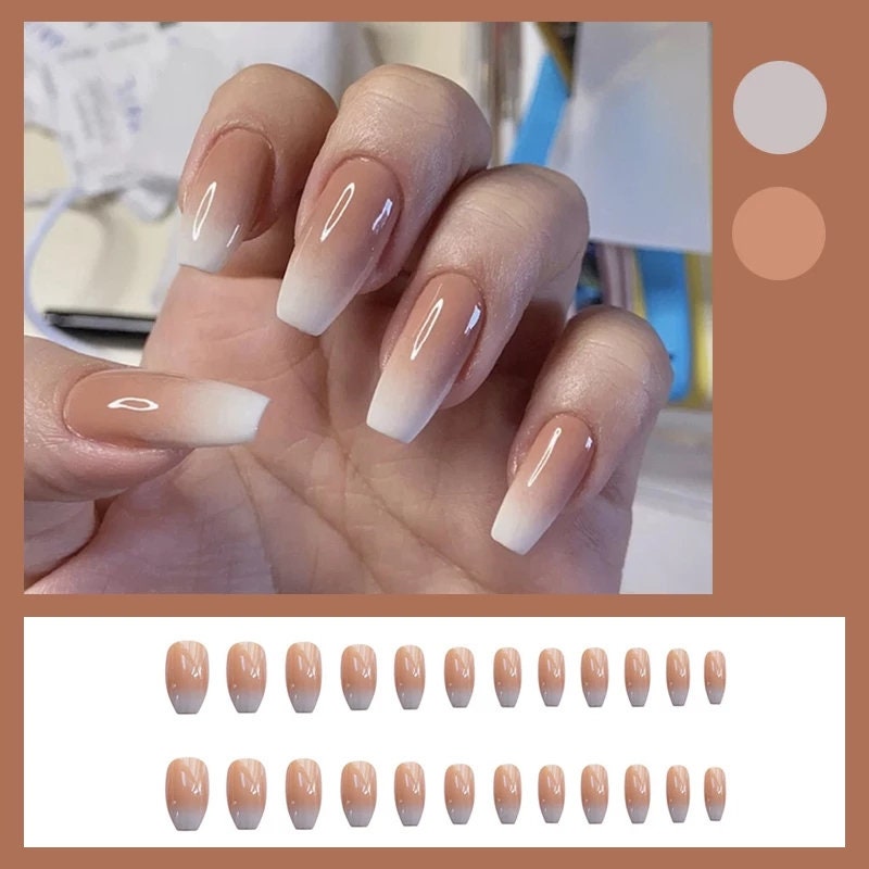 24 Medium Coffin Ombre White tip creme French mani Press on nails glue on natural beige