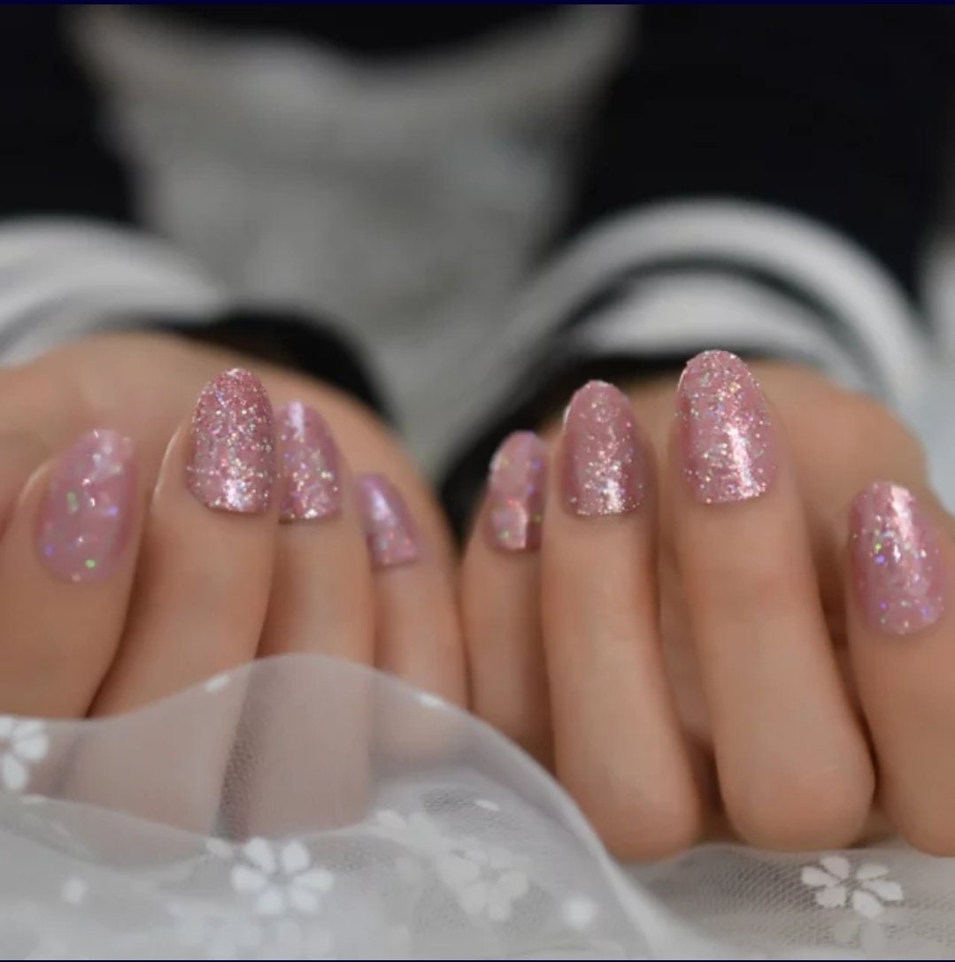 24 Pink Glitter short  press on nails oval almond kit with glue manicure rose gold