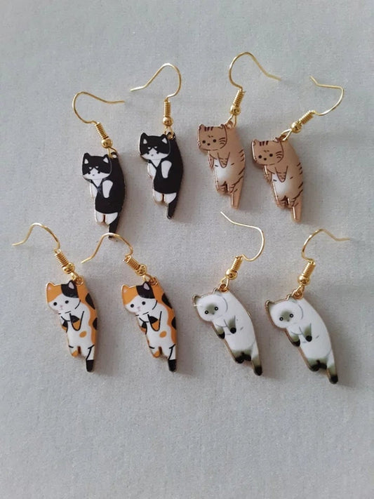 Cat Earrings Dangle hook tan black white orange kitty tabby calico tan brown cartoon hanging siamese Jewelry