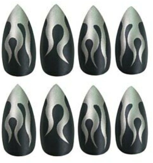 24 Pointed Black Silver Flame Long Press on nails glue on medium stiletto trendy almond metallic