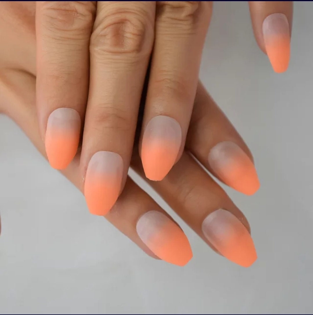 24 Ombre Matte Neon Peach Long Press on Nails Medium Coffin 80s rave bright nude