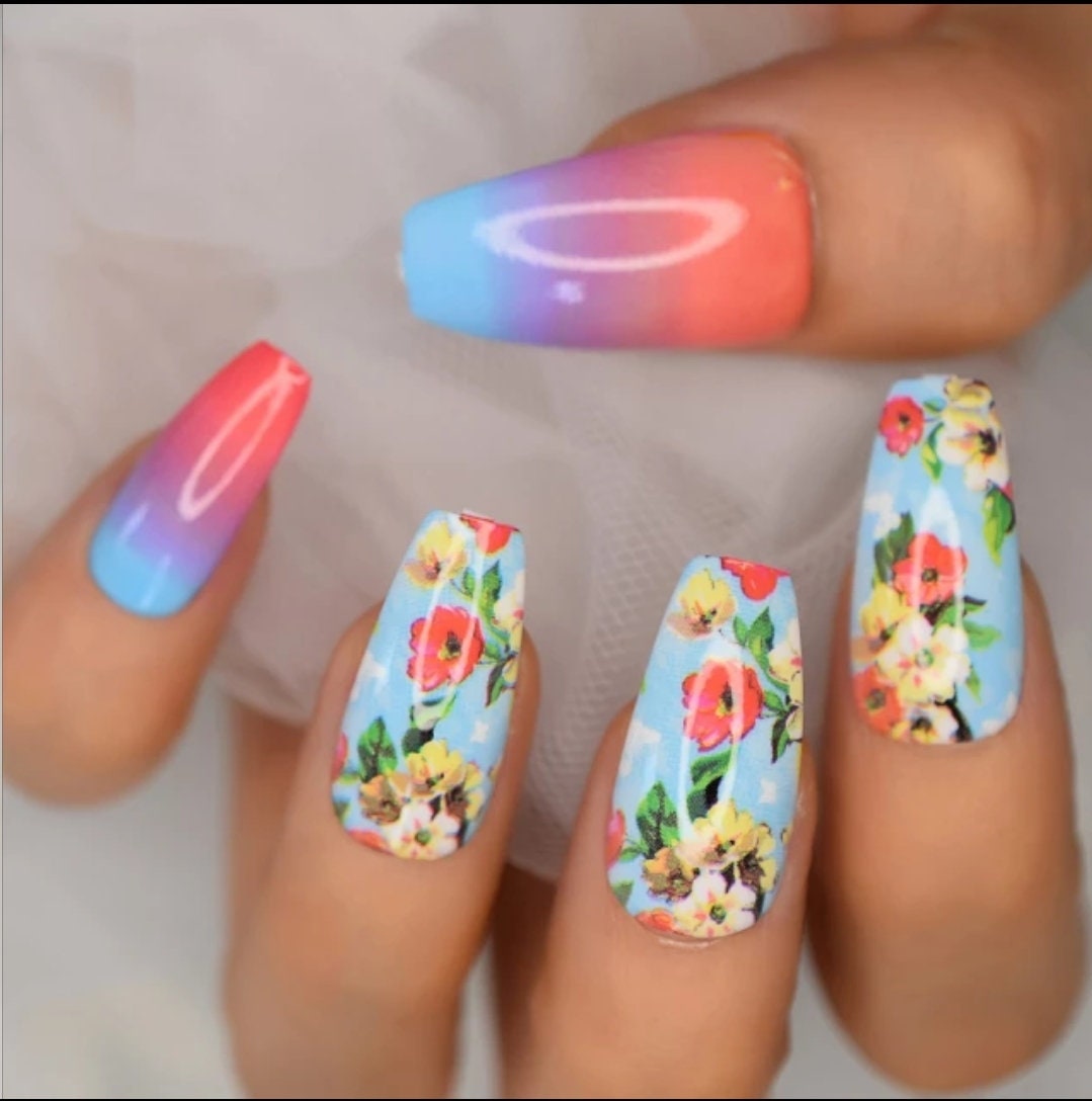 24 Tea Party Floral Long Press On Nails Coffin glue on cute kawaii flowers bright blue tea party purple pink