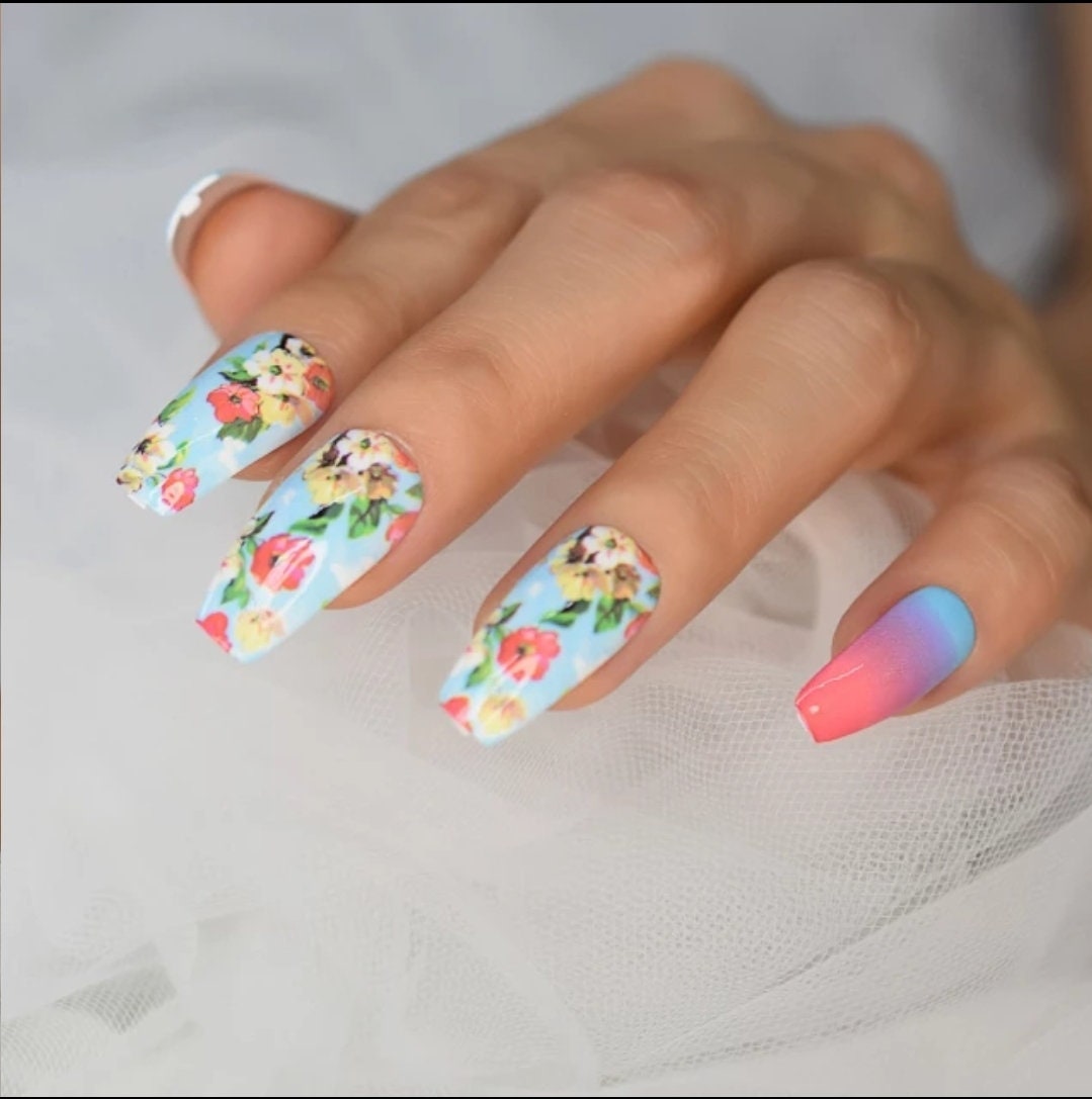 24 Tea Party Floral Long Press On Nails Coffin glue on cute kawaii flowers bright blue tea party purple pink
