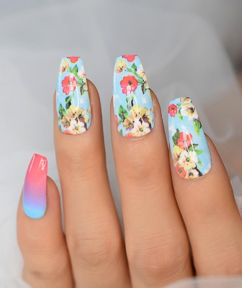 24 Tea Party Floral Press On Nails Long Coffin glue on cute kawaii flowers bright blue tea party purple pink