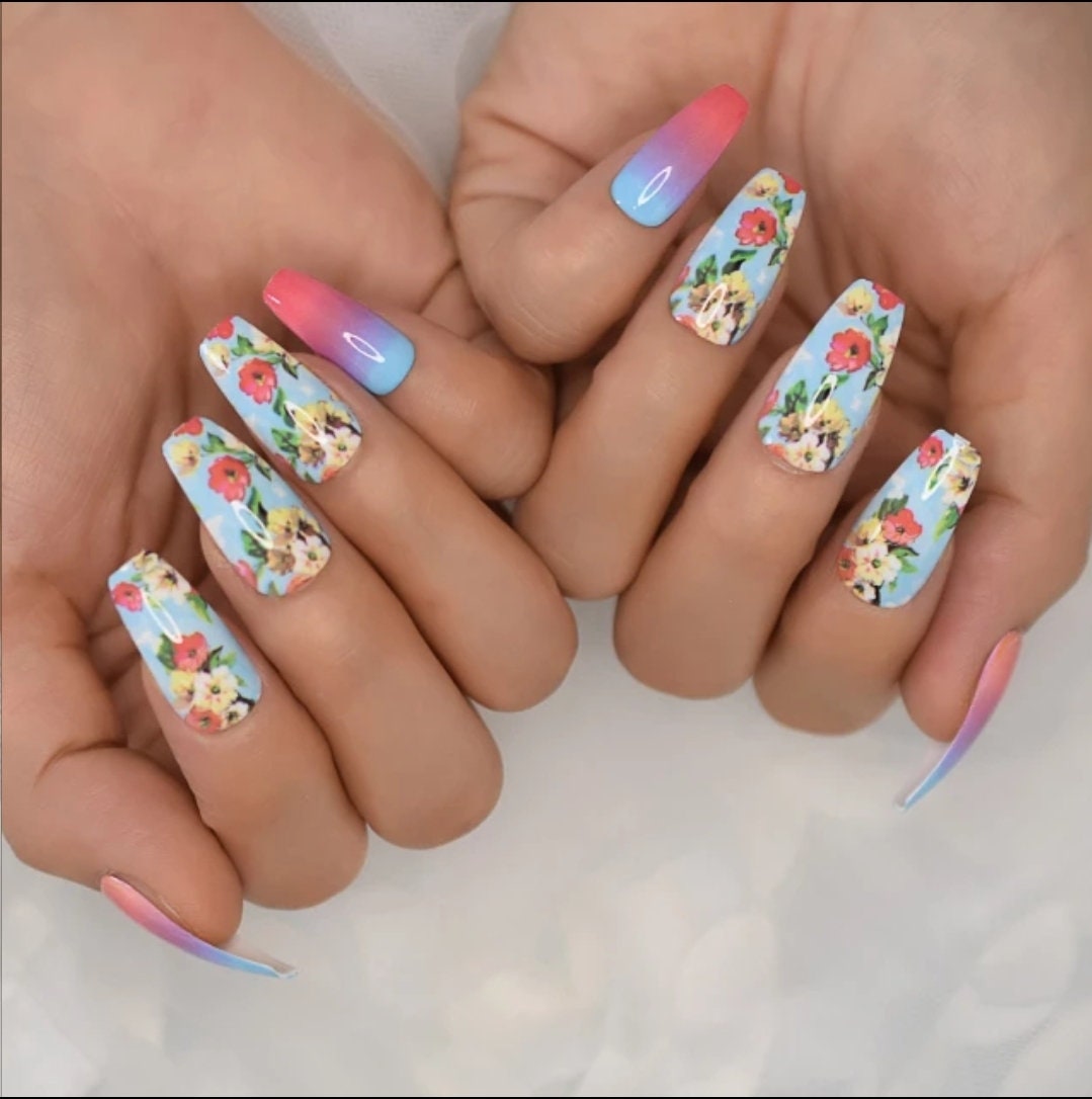 24 Tea Party Floral Long Press On Nails Coffin glue on cute kawaii flowers bright blue tea party purple pink