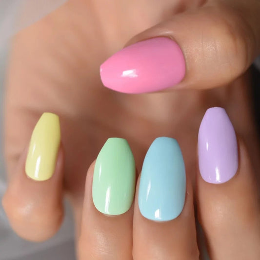 24 Easter Candy Long Press on Nails glue on kit kawaii cute Multicolor medium coffin bright pastel spring