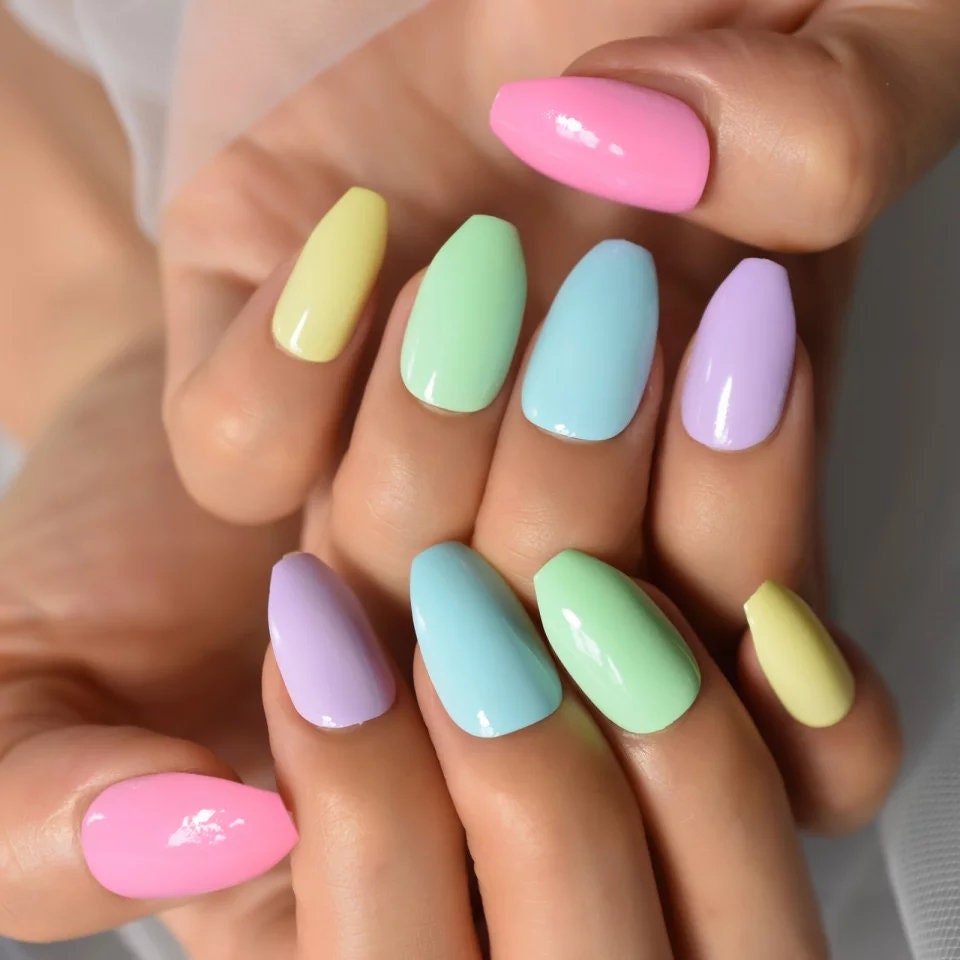 24 Easter Candy Long Press on Nails glue on kit kawaii cute Multicolor medium coffin bright pastel spring