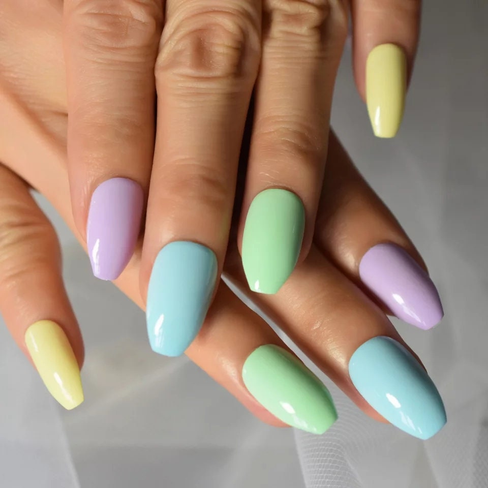 24 Easter Candy Press on nails glue on kit kawaii cute Multicolor pink blue yellow medium coffin bright pastel spring