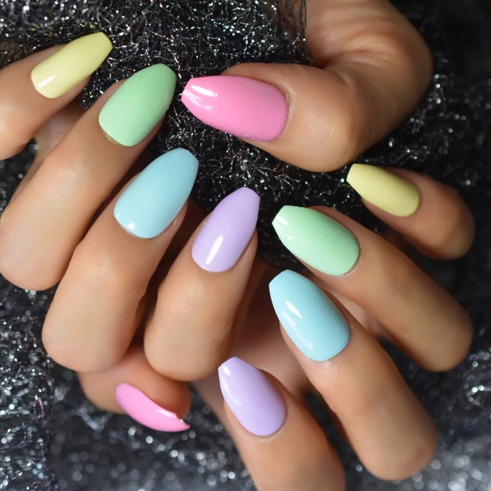 24 Easter Candy Press on nails glue on kit kawaii cute Multicolor pink blue yellow medium coffin bright pastel spring