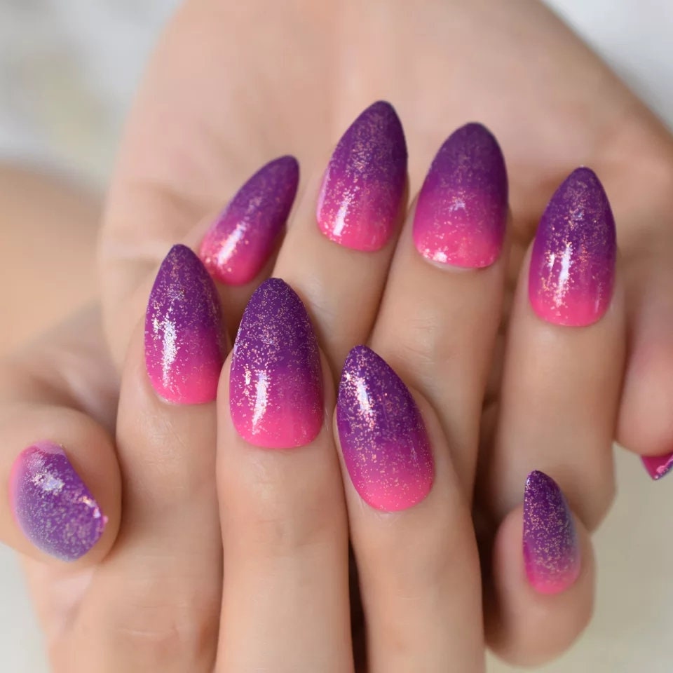 24 Purple Pink Fuschia Ombre Almond Press on nails glue on kit kawaii cute Multicolor hot pink medium almond pointed stiletto bright neon