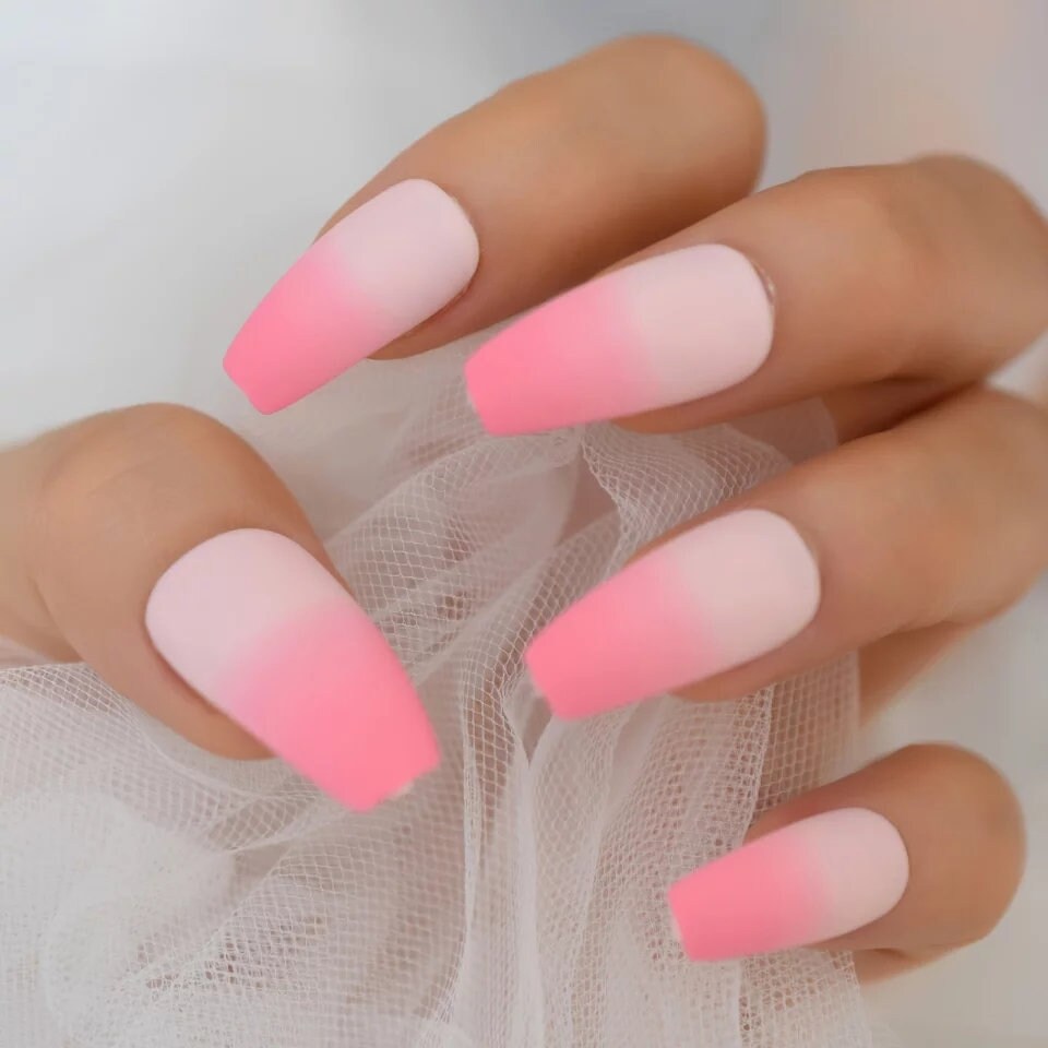 24 Matte Peach Pink Ombre Long Coffin Impress Press On nails Glue on Kawaii cute spring