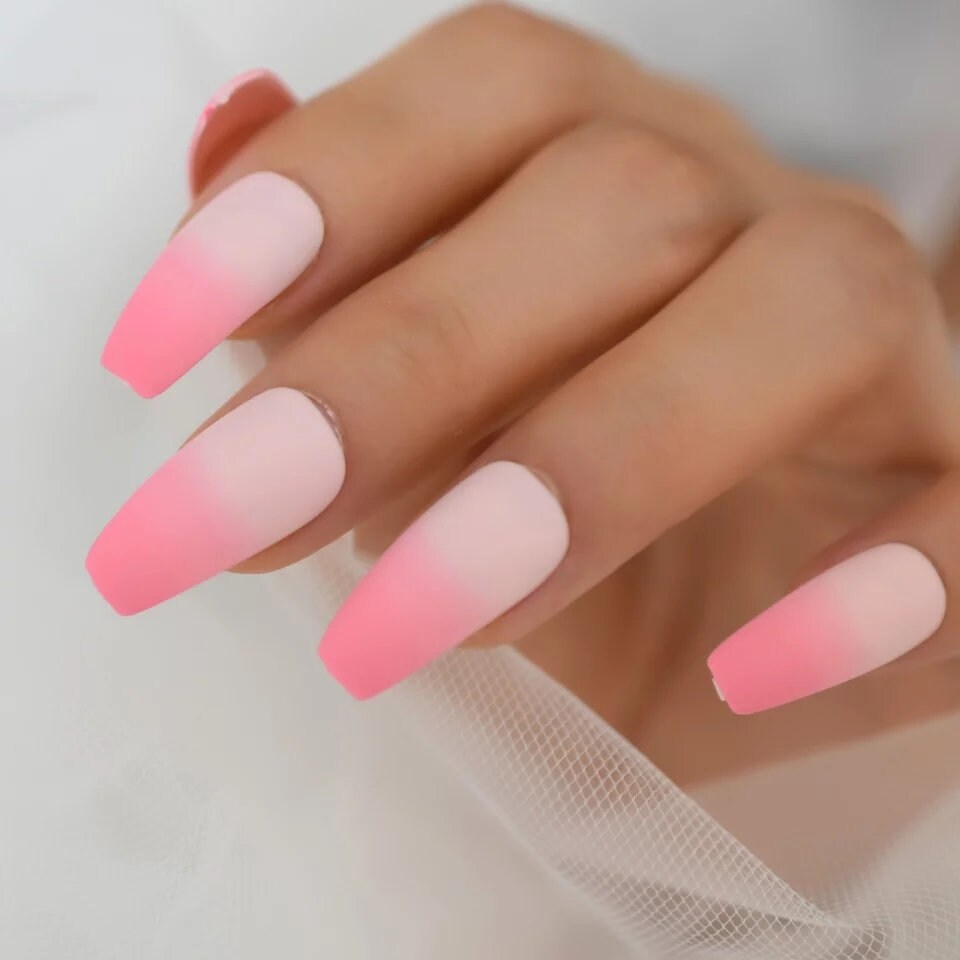 24 Matte Peach Pink Ombre Long Coffin Impress Press On nails Glue on Kawaii cute spring