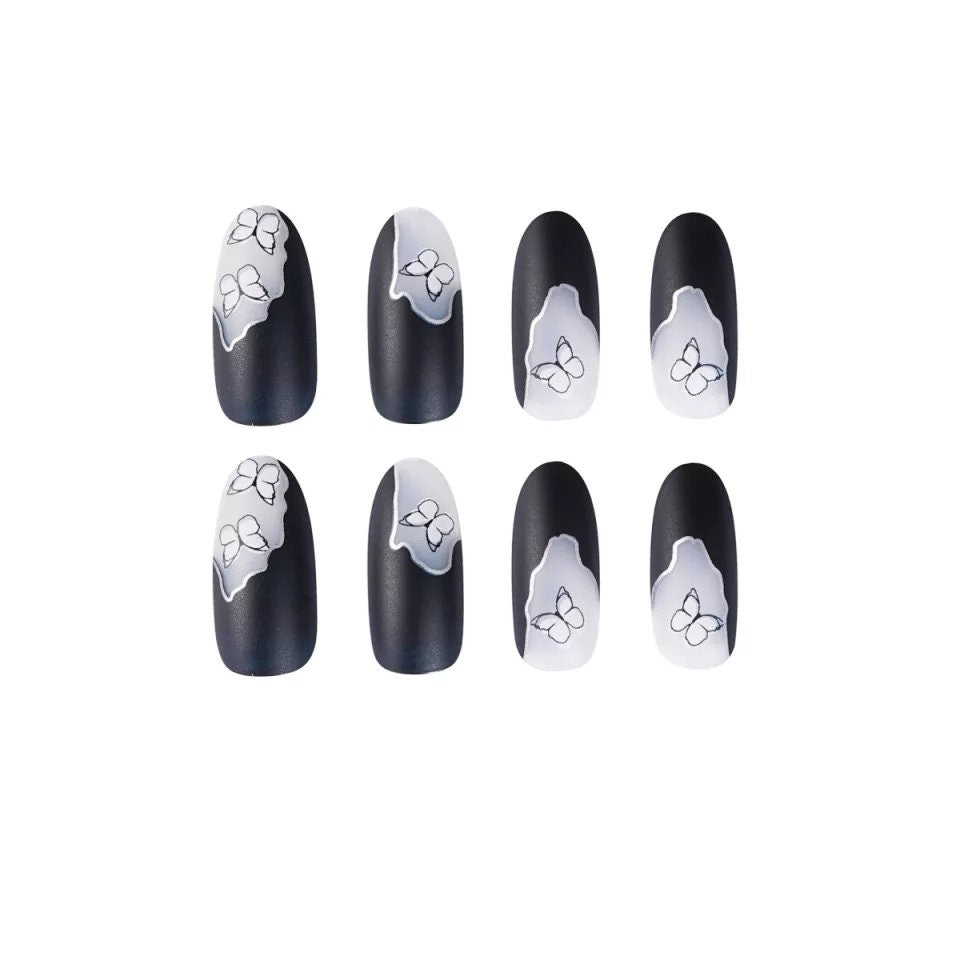 24 Matte Black White Butterfly Ombre Goth Dark Long Press On nails Glue on Gothic edgy trendy oval round almond metallic line