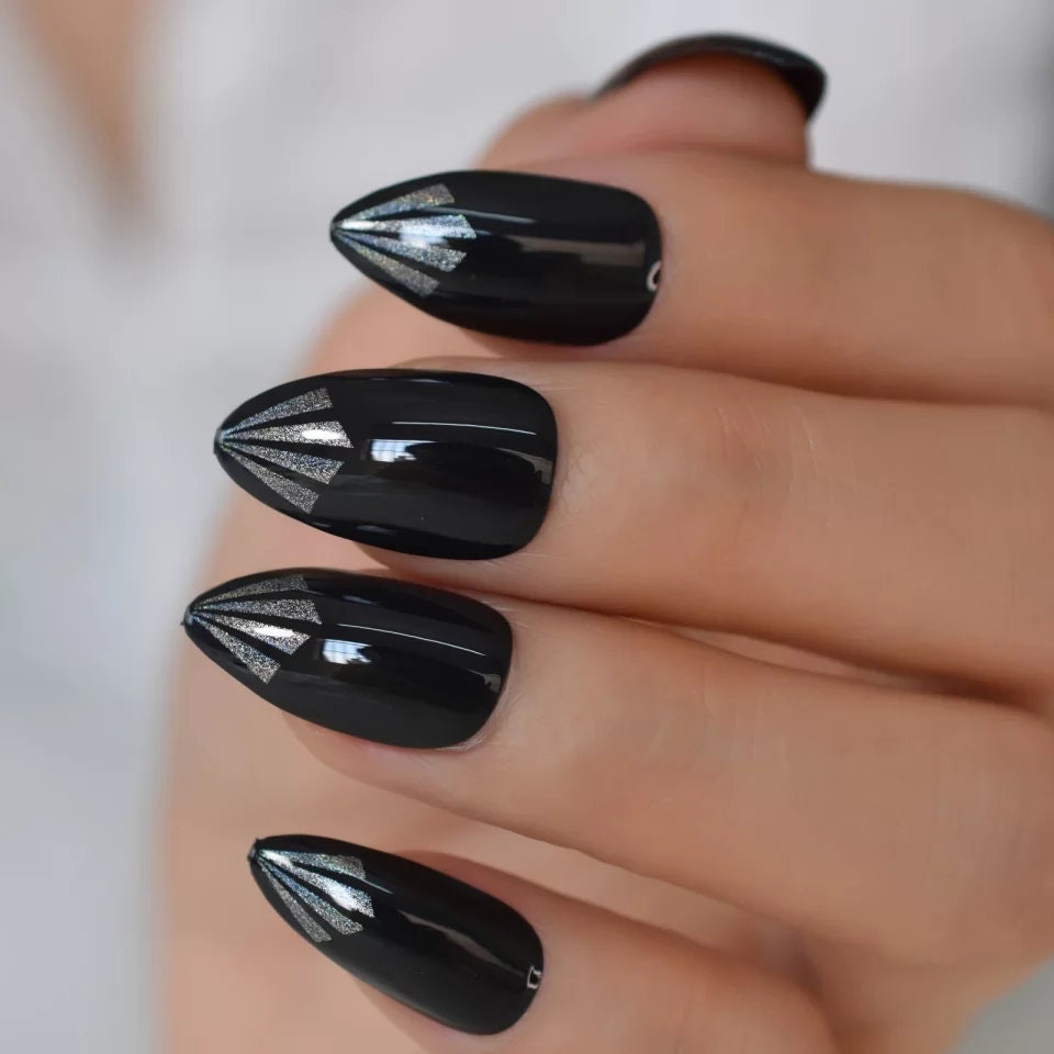 Pointed Black Silver design Press on nails glue on medium almond glossy stiletto trendy metallic