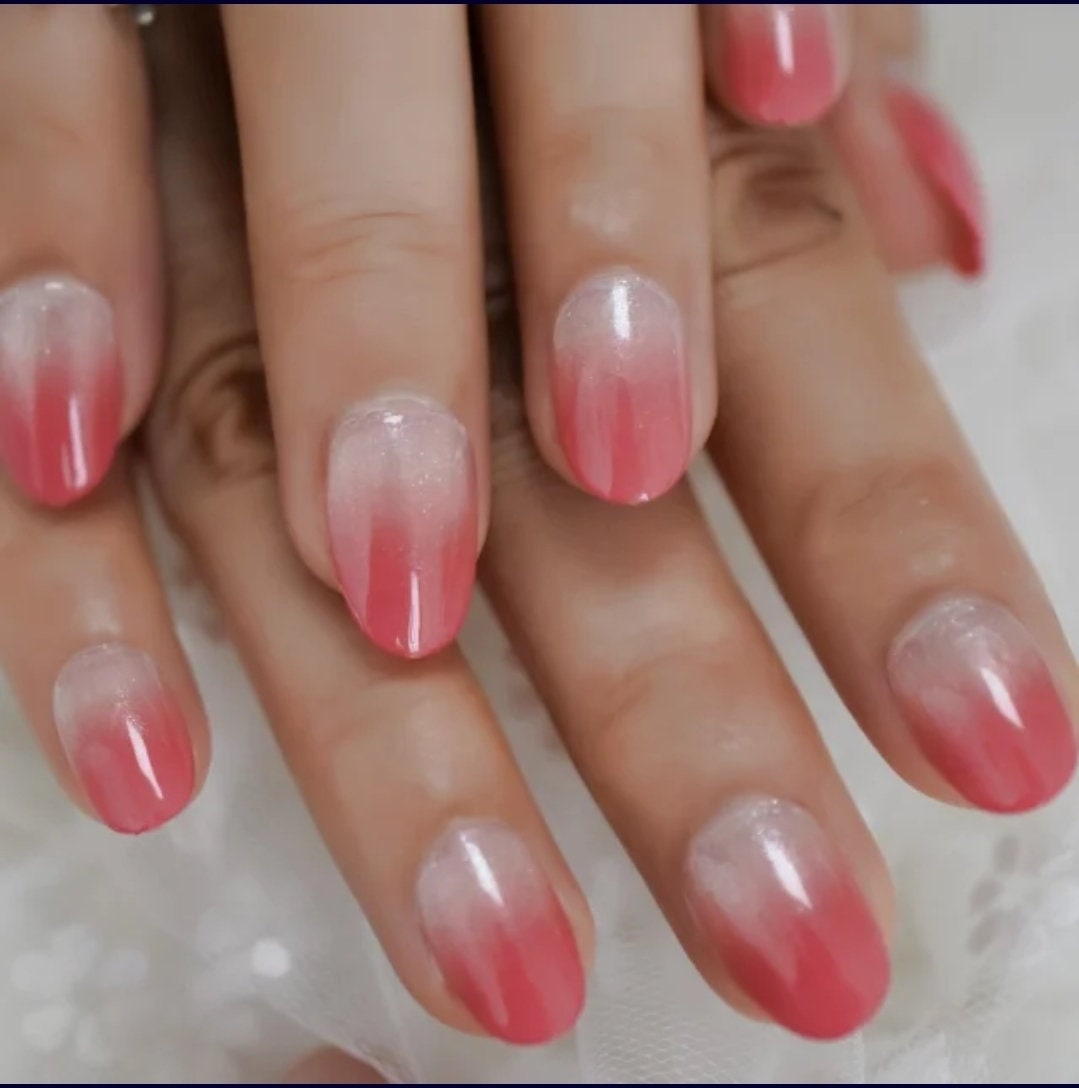 24 Light coral red Ombre Kiss Press On Nails nude short pearl shine Almond French tip glue on natural nude rounded oval medium