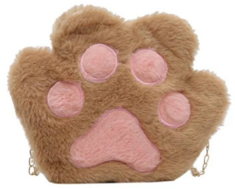 Cat Paw Purse Bag Faux Fur Fluffy soft kawaii cross body chain zipper pocket pastel pink toe beans white gray brown