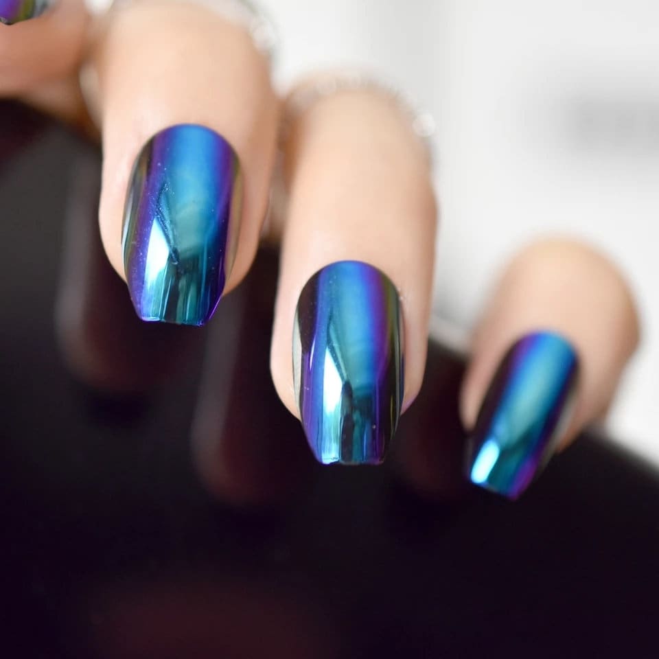 24 Blue Chameleon Chrome Press On Nails Glue on Mirror shiny metallic color changing dark mood witchy oil slick medium coffin