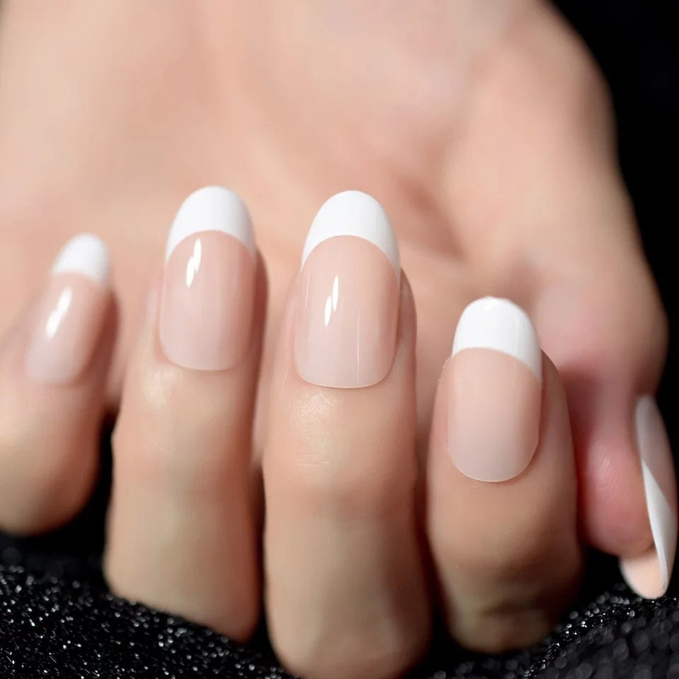 24 Oval French Mani Long Press On Nails white tip baby boomer nude rounded 