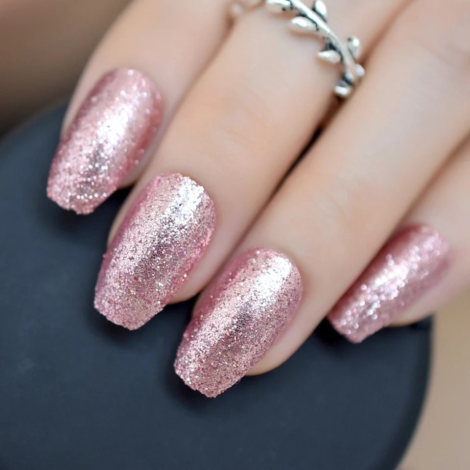 24 Rose gold Glitter press on nails glue on manicure medium coffin pink sparkly