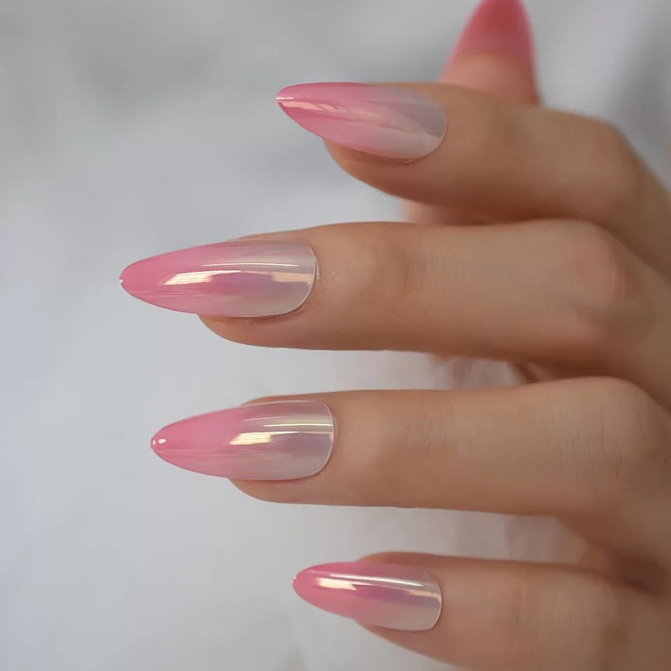 24 High Shine Pink Nude Chrome Press On Nails Chameleon holographic light pink Glue on Mirror shiny metallic medium stiletto almond pointed