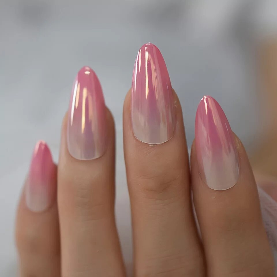 24 High Shine Pink Nude Chrome Press On Nails Chameleon holographic light pink Glue on Mirror shiny metallic medium stiletto almond pointed