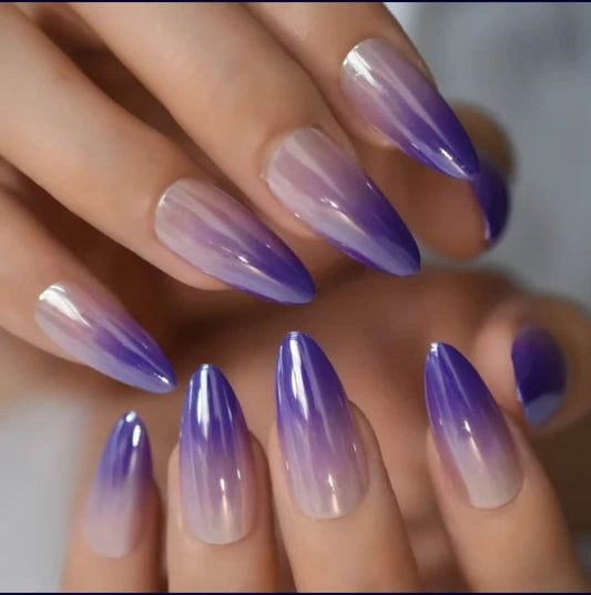 24 High Shine Ombre Purple Nude Chrome Kiss Press On Nails Chameleon holographic Glue on Mirror shiny metallic long stiletto almond pointed