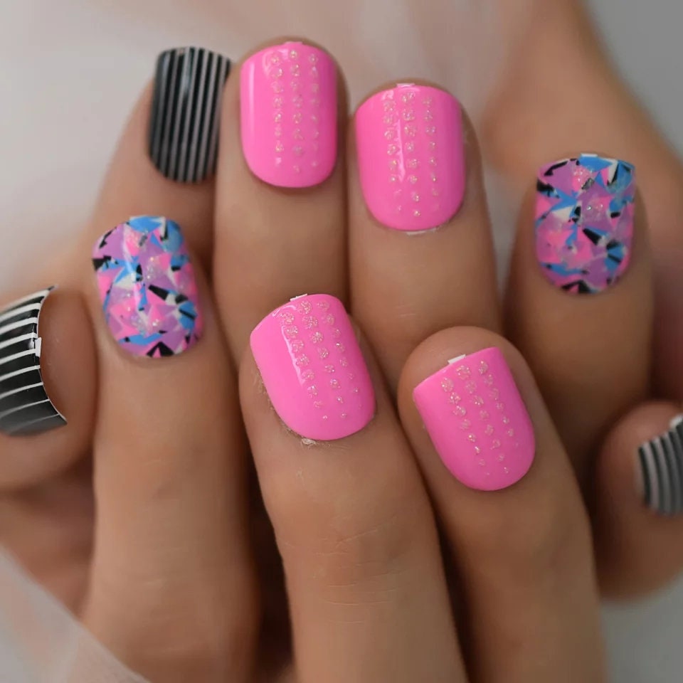 Short Pink multi color Artsy Press on Nails 80s stripes glue on