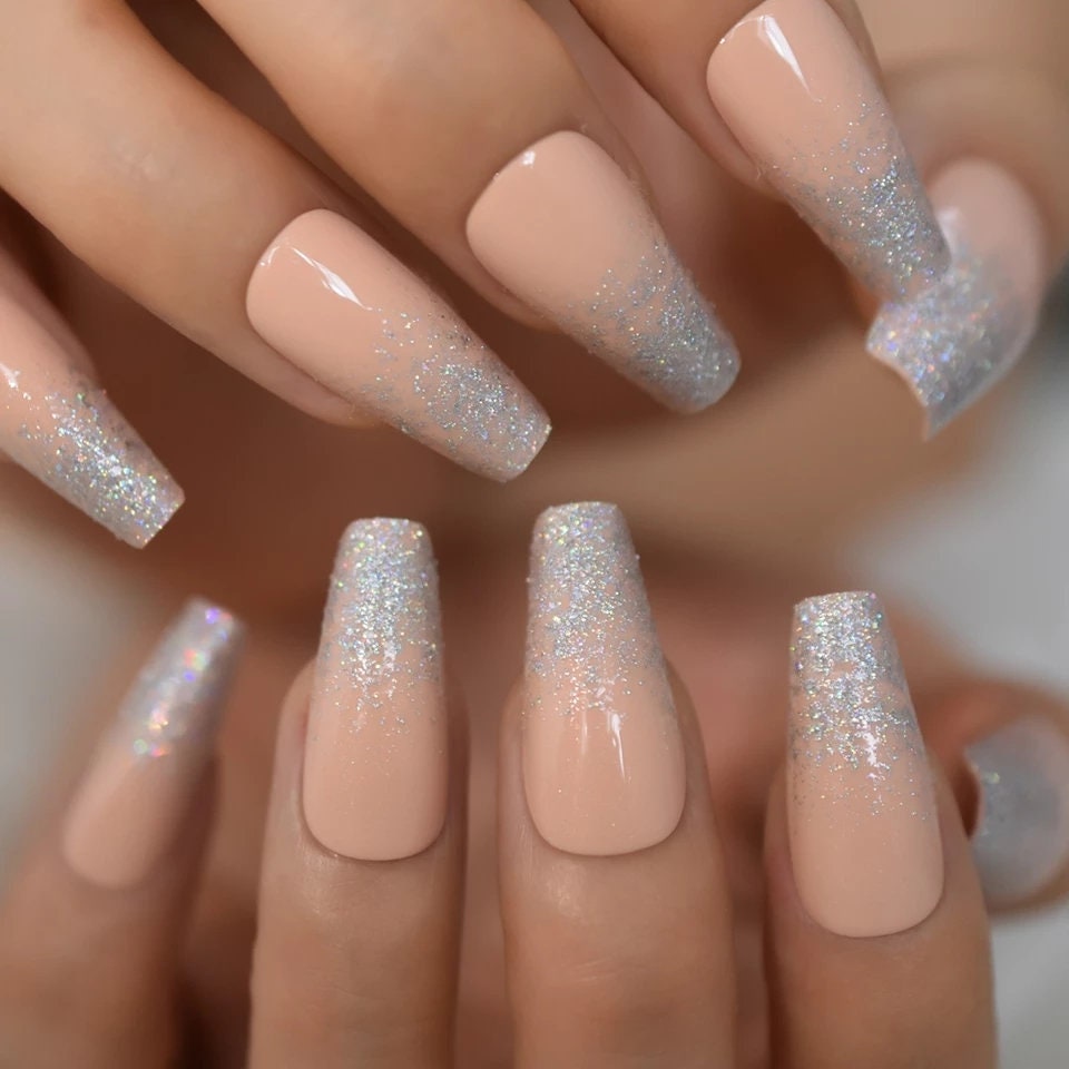 24 Peach Creme Ombre French Glitter Press On Nails kit glue on long coffin holographic silver cream nude