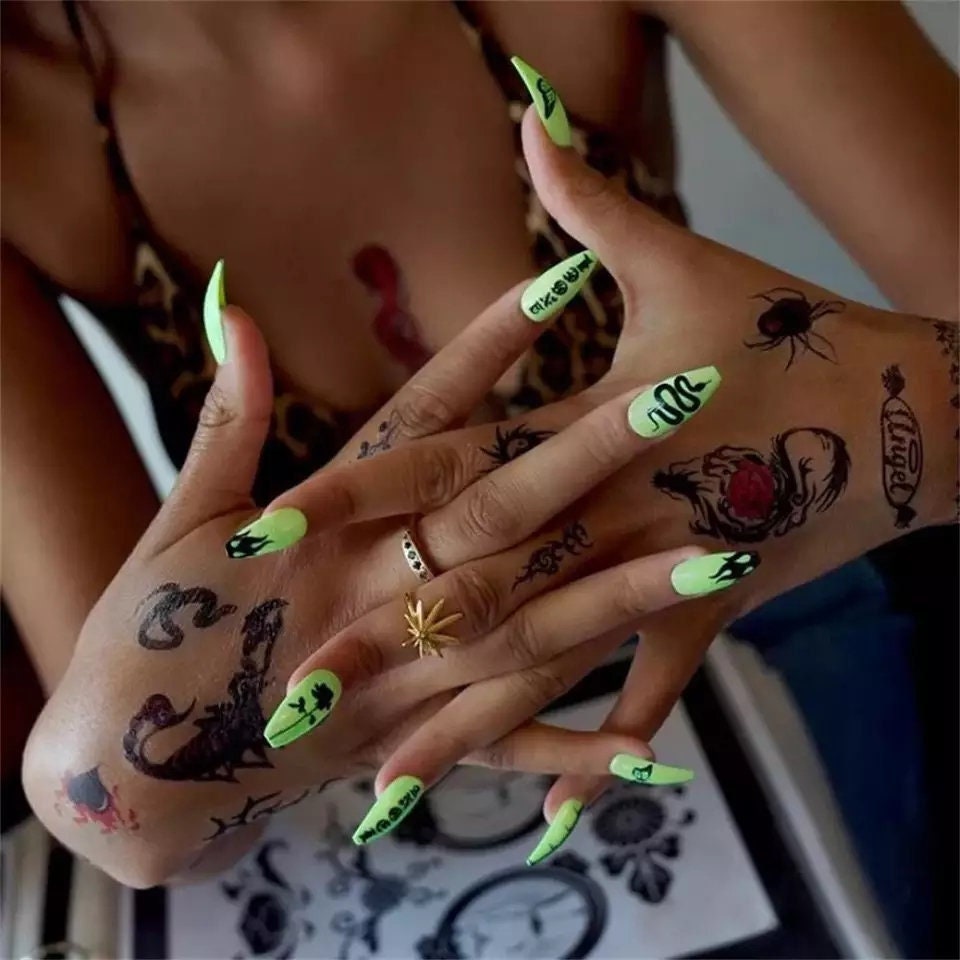 24 Lime Snake Long Press on nails witchy goth alt dark medium coffin serpent punk edgy flame rose tattoo