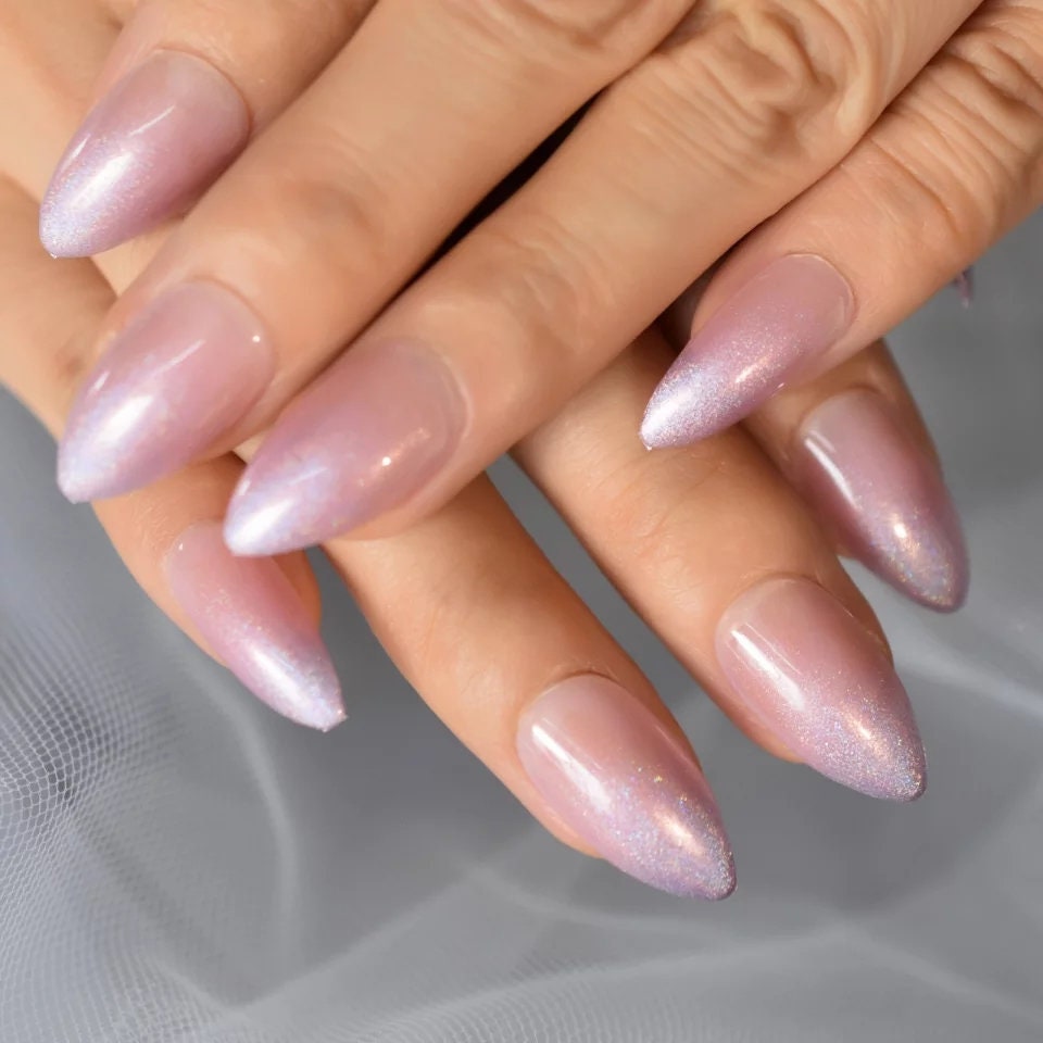 24 Pale Pink Nude Iridescent Long Press On Nails clear jelly holographic light Glue on shiny metallic medium stiletto almond pointed