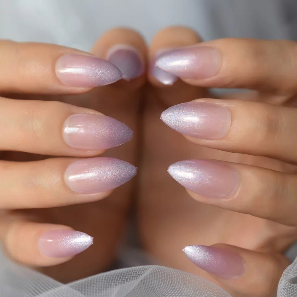 24 Pale Pink Nude Iridescent Press On Nails clear jelly holographic light Glue on shiny metallic medium stiletto almond pointed