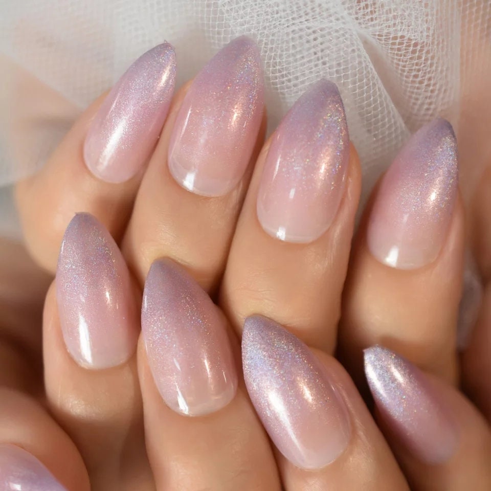 24 Pale Pink Nude Iridescent Long Press On Nails clear jelly holographic light Glue on shiny metallic medium stiletto almond pointed