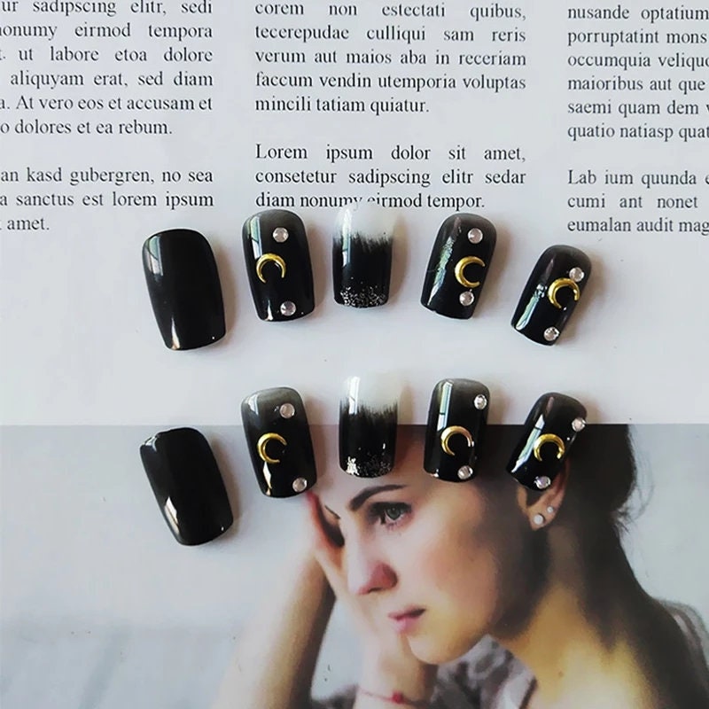 24 Goth Black Press on nails kit Square crescent moon Glue on Medium witchy emo alt edgy