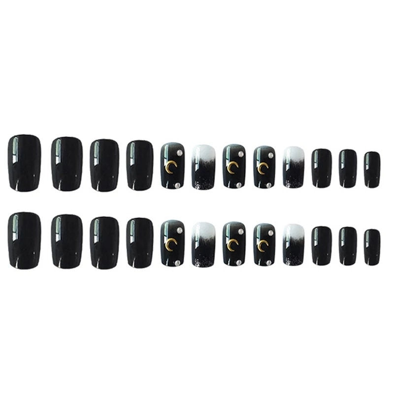 24 Goth Black Kiss Press on nails Square crescent moon Glue on Medium witchy emo alt edgy