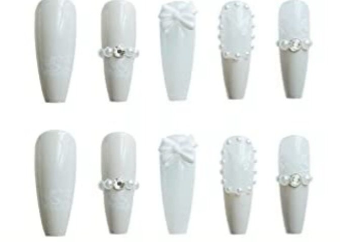 24 Off White wedding Long Press on nails glue on bow lace gems clear coffin