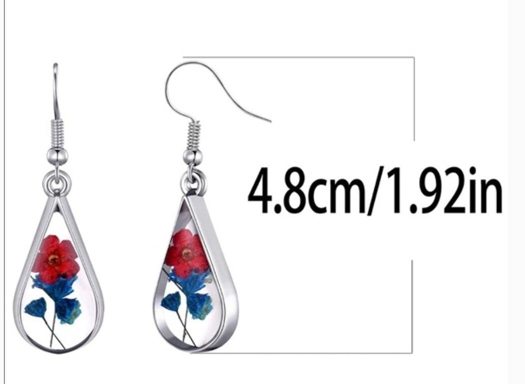 Real dried pressed Flower Earrings Dangle Tear Drop Blue red clear glass resin cottage core Jewelry