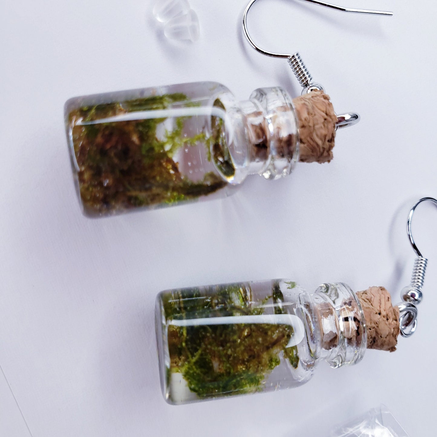 Moss in a Jar Earrings Resin Preserved Dangle hook cottage core nature natural green cork clear with fasteners Jewelry