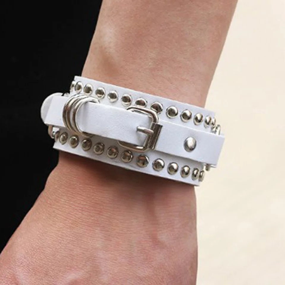 White leather bracelet cuff goth Jewelry thick