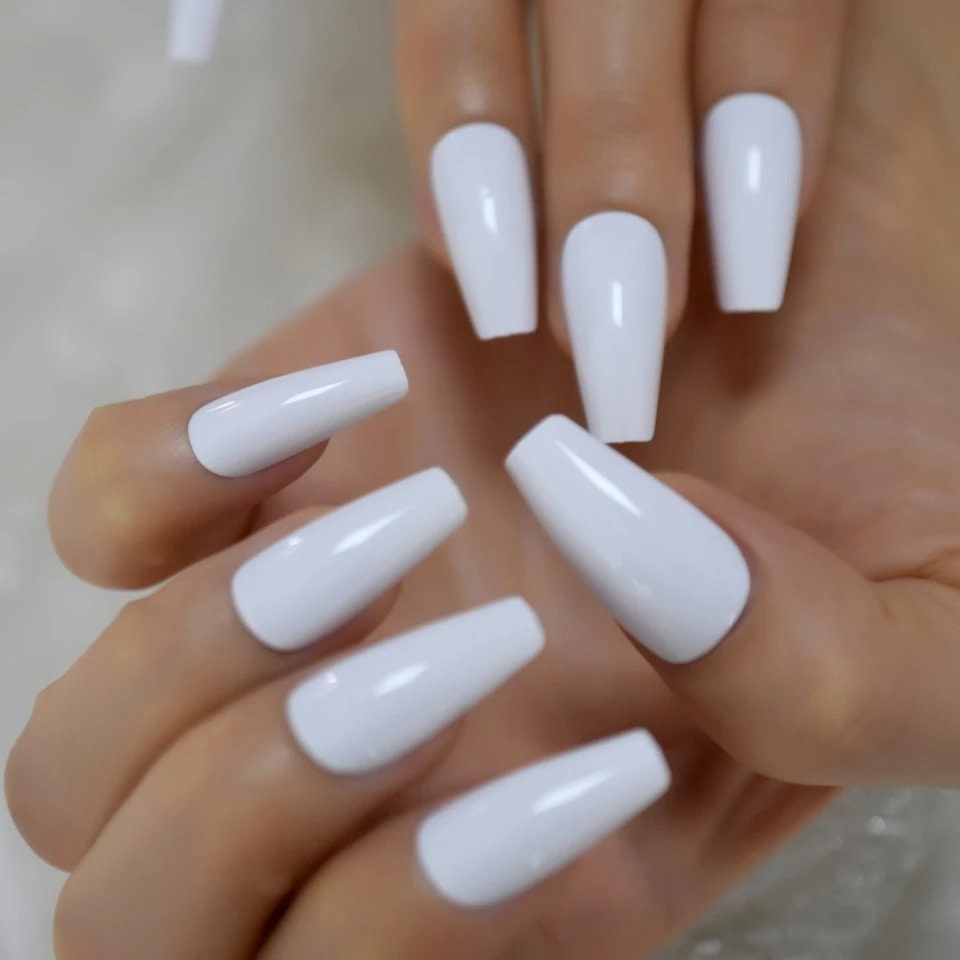 24 Coffin White Long Press on nails glue on strong glossy