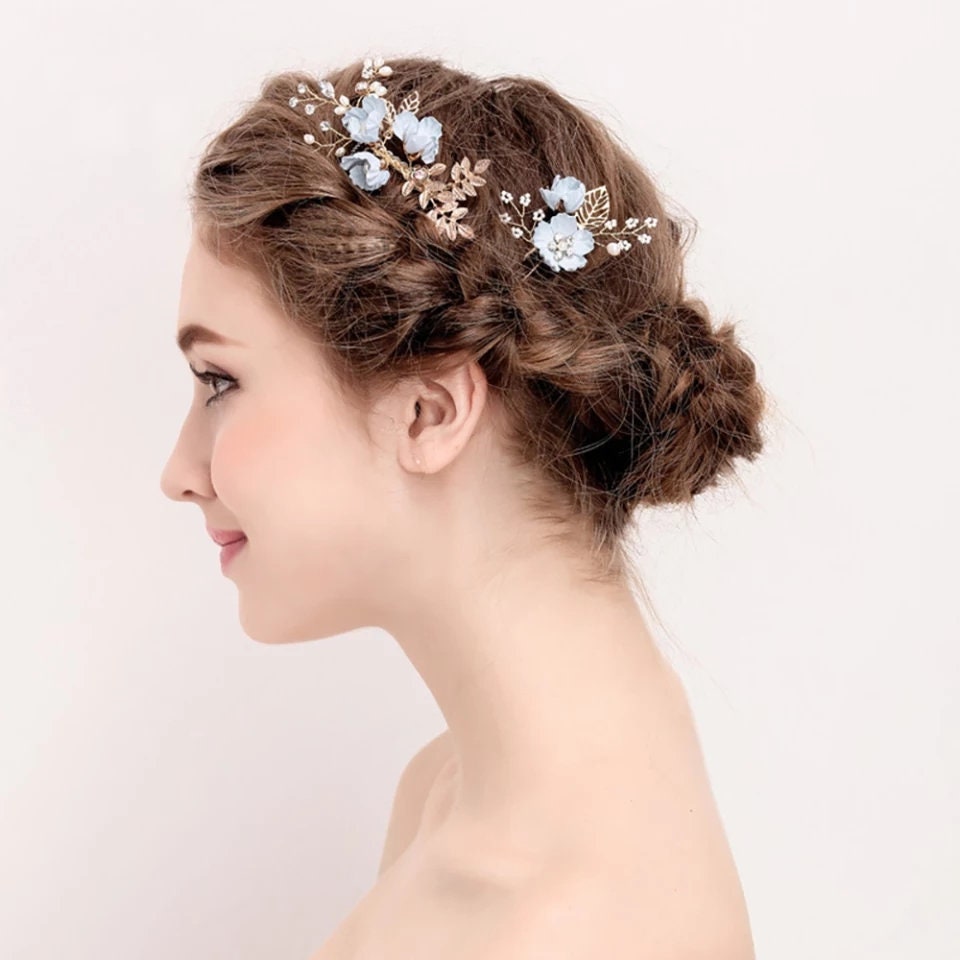 Bridal Hair Pins Floral Rose soft petal flower pastel pink blue lavendar white pearl barret wedding formal gold