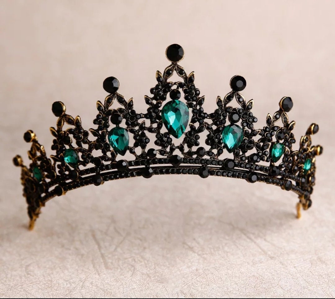 Black Crown Emerald Green Vintage Baroque Tiara Dark Goth Evil Queen diadem headress jewelry bridal cosplay Wedding pageant royalty