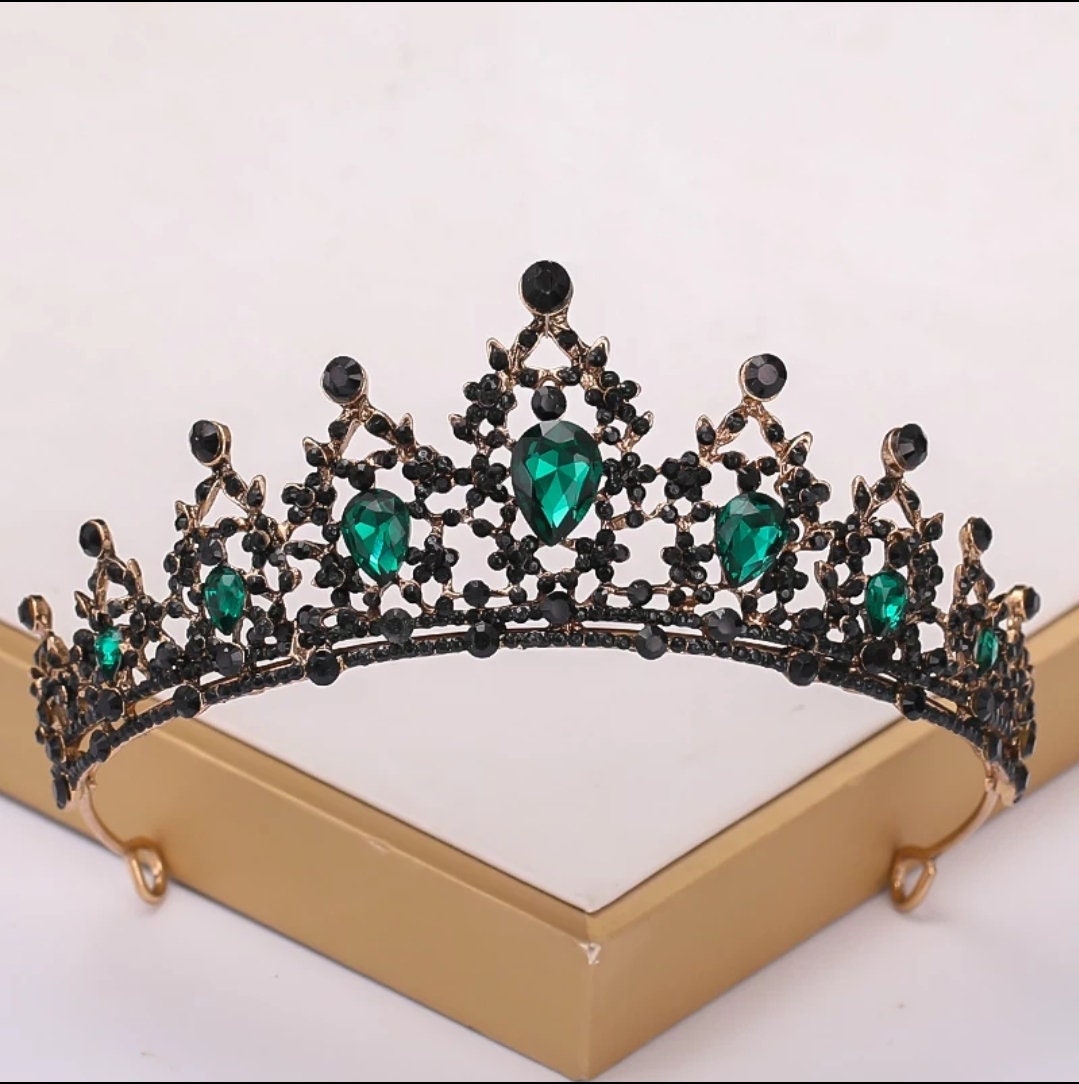 Black Crown Emerald Green Vintage Baroque Tiara Dark Goth Evil Queen diadem headress jewelry bridal cosplay Wedding pageant royalty