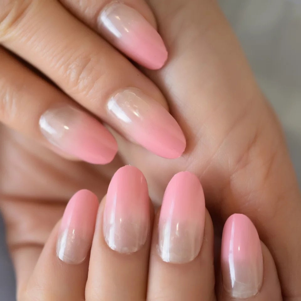 24 Rose Red Ombre Long Press On Nails nude Medium Almond French tip glue on natural nude
