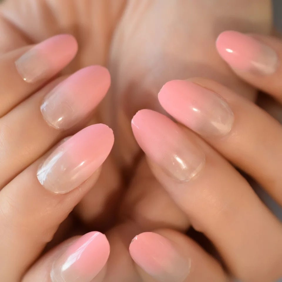24 Rose Red Ombre Press On Nails nude Medium Almond French tip glue on natural nude